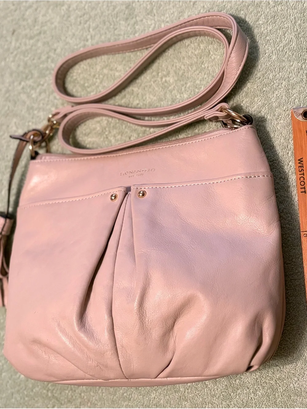 Tignanello Genuine Leather Blush Beige Crossbody Bag Tassel